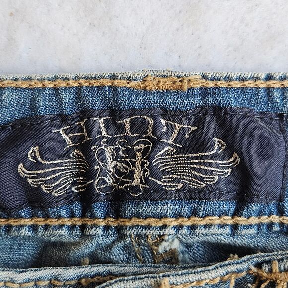 Hint Jeans Women Sz 1 Blue Boot Cut Bleach Splatter Look Y2K Festival Hippie New - Picture 7 of 16